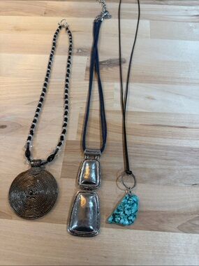 Boho Pendant Necklace Trio - Black, Silver & Turquoise Accents